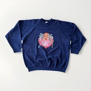 Vintage 90s Puff Paint Sweatshirt Navy Teddy Heart Glitter Kitsch Women's XL